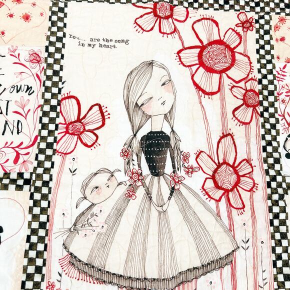 Love is Spoken Here Mother Daughter Floral Girl Quote Checkered Fabric Wall Art - Picture 2 of 9